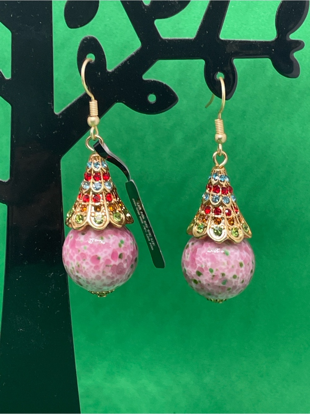 Gold-Tone Pink Bead Drop Earrings with Multicolor Crystal Caps